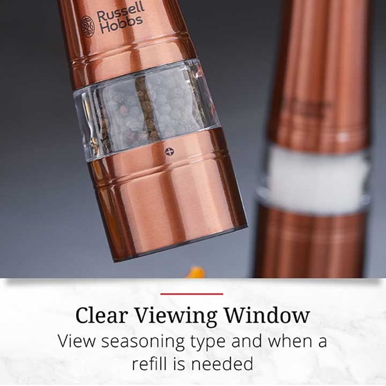 Clear Viewing Window – View seasoning type and when a refill is needed